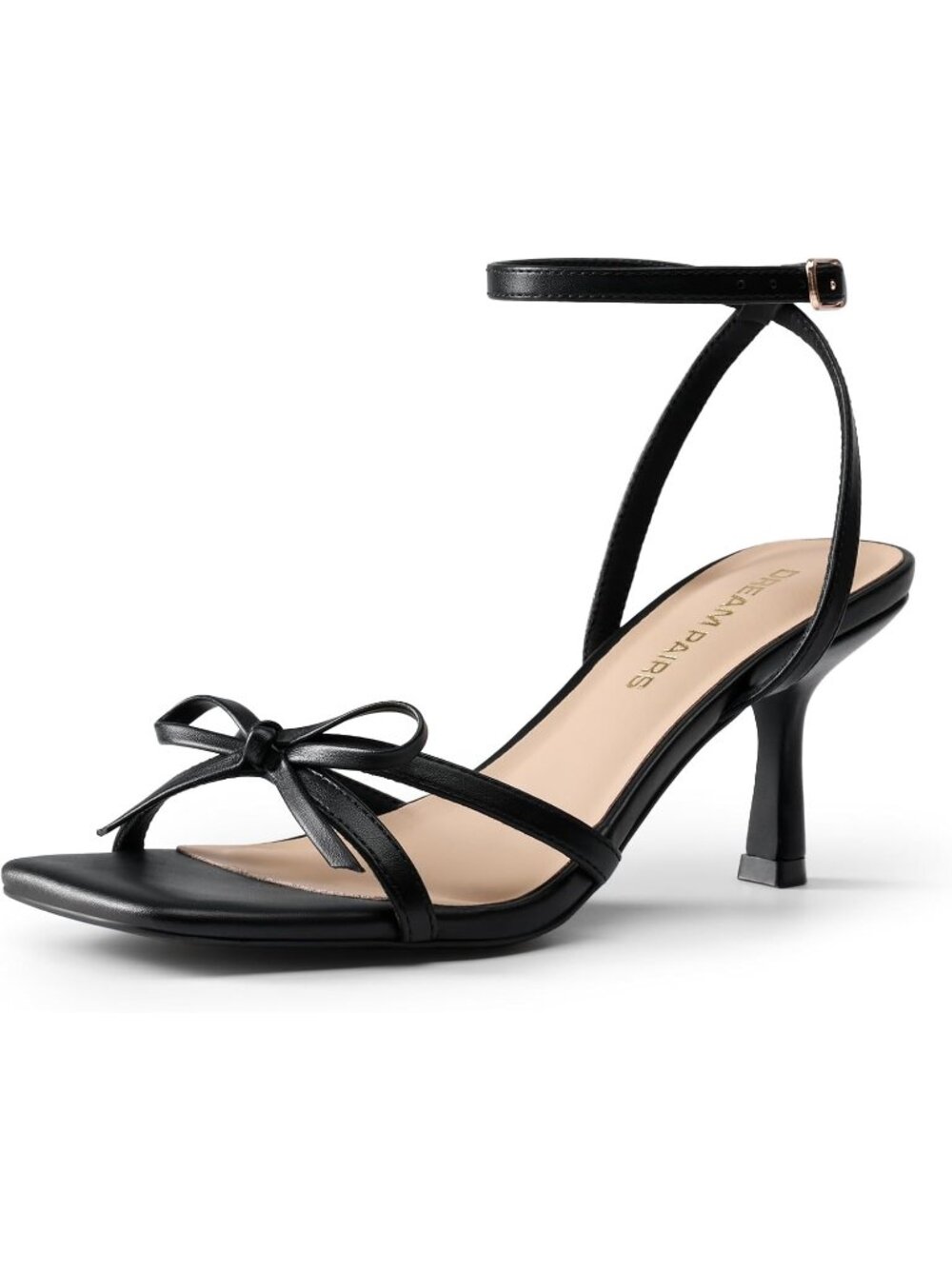 Women's Kitten High Heels Sandals Square Toe Black Strappy Bow Heel Dress Shoes